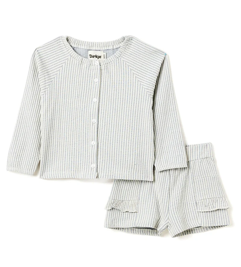 Dirkje Girls 2 Pc Set Blue-Stripe Seersucker Button-Up Top & Ruffle-Trim Shorts Set